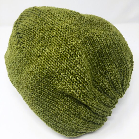 Handknitted Cotton Avocado Green Stretchable Ribbed Edge Slouchy Hat - Picture 5 of 16